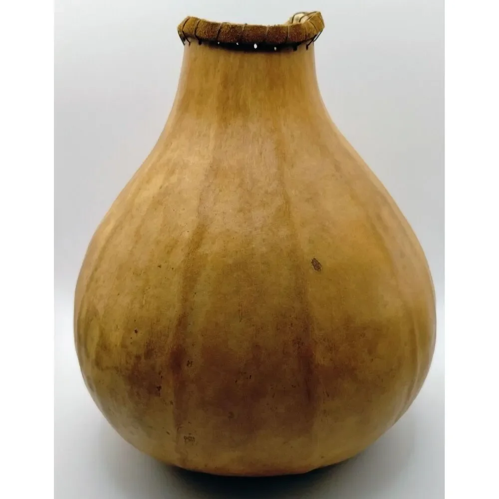 Handmade Gourd Vase Leather Wrapped Crystal Beads Fringe Folk Art Boho Artisian